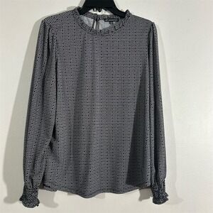 Adrianna Papell Women's L Black Geometric Long Sleeve Blouse